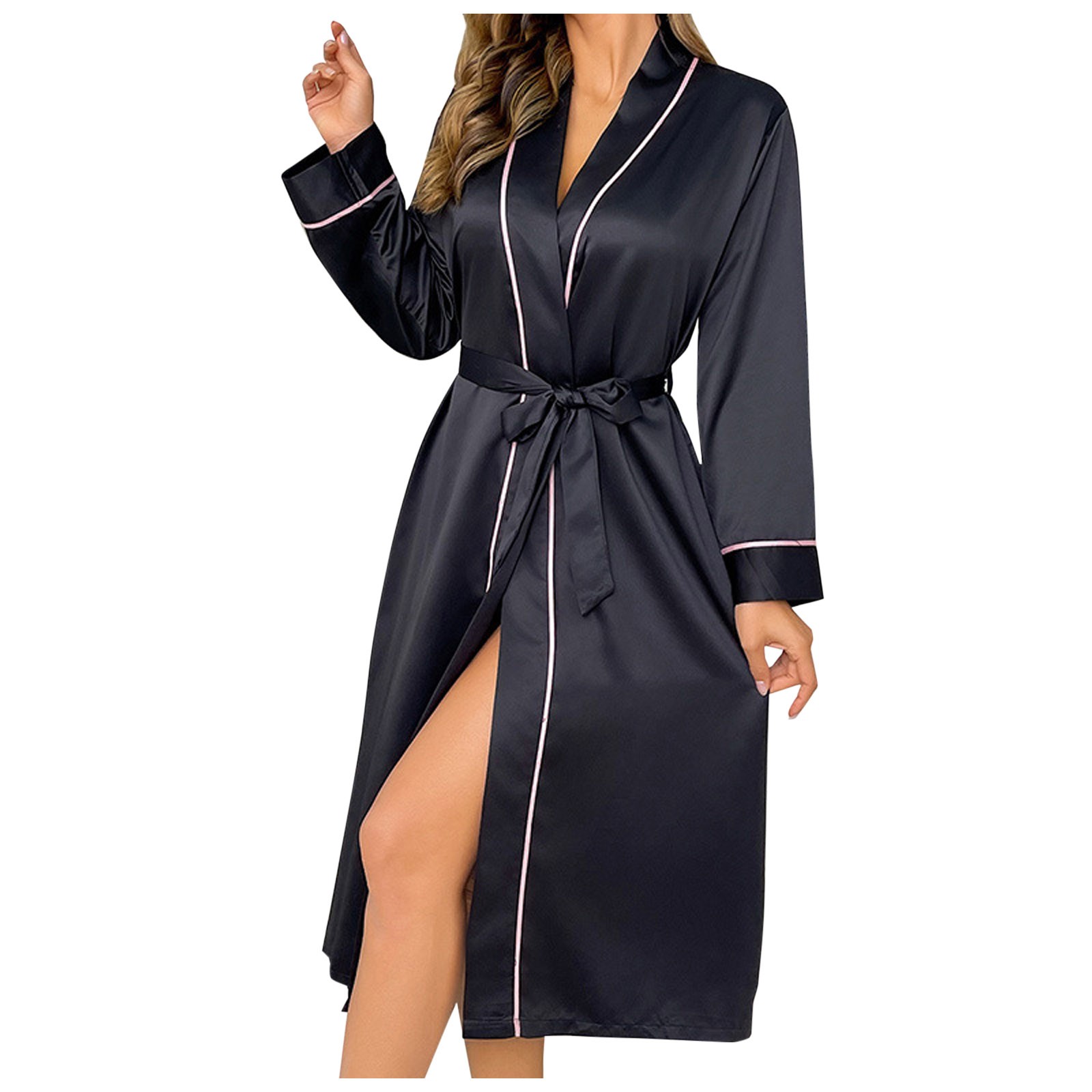 thumbnail image 4 of Camisón largo de seda helada para mujer: conjunto fino de dos piezas con top de manga corta y pantalones elásticos, poliéster, grosor estándar, 4 of 4